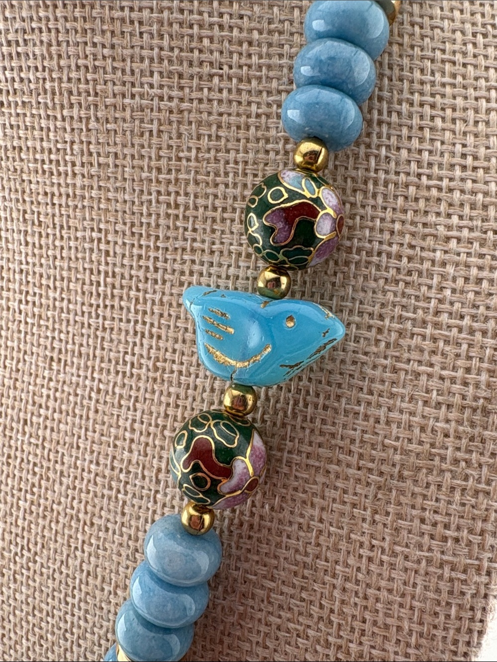 Aquamarine Cloisonnée and Czech Glass Blue Bird necklace - Picture 4 of 5